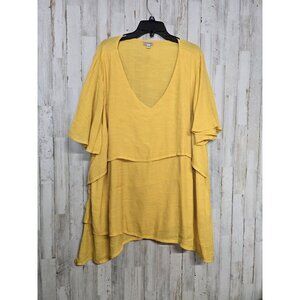 Avenue Women's Plus 26 28 Tiered Top Mustard Yellow Short Sleeve